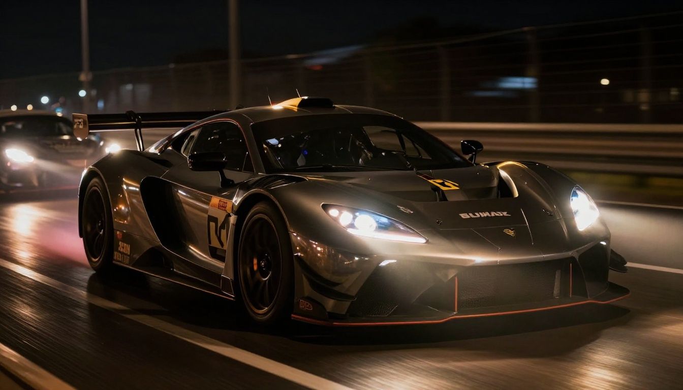 Um carro de corrida de luxo acelerando em uma pista noturna com luzes refletindo intensamente no chassi brilhante