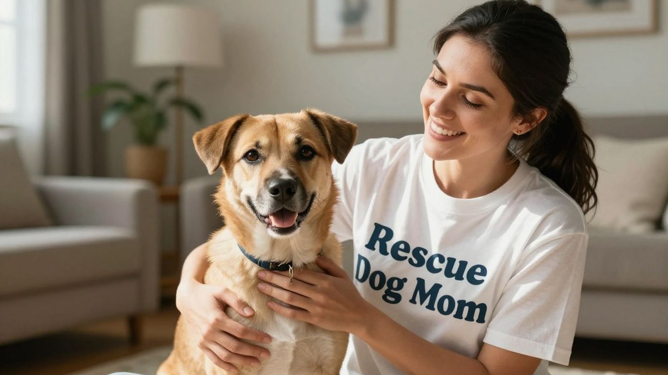 Woman and rescue dog in matching shirts