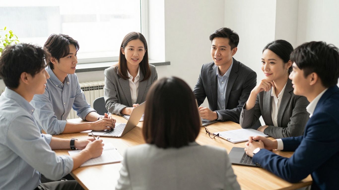 A diverse group of professionals networking in a sunlit room