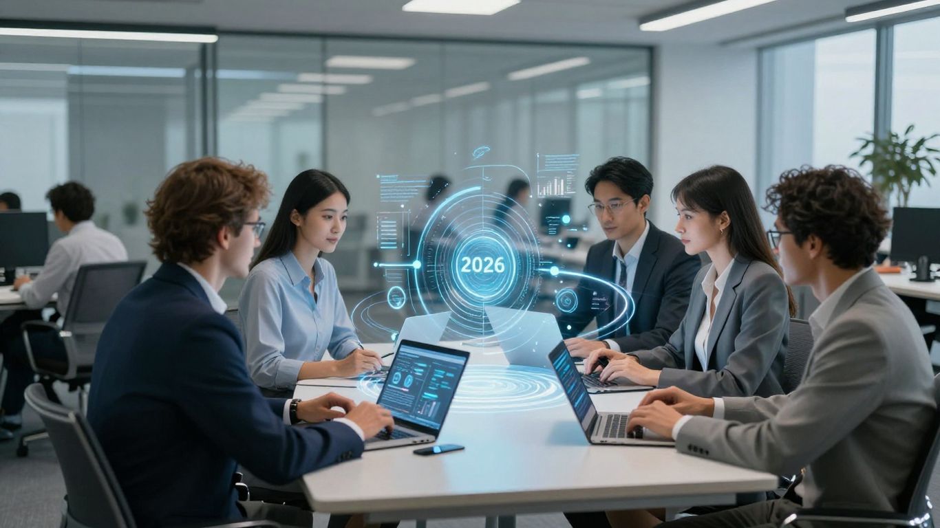 Modern business professionals using advanced technology