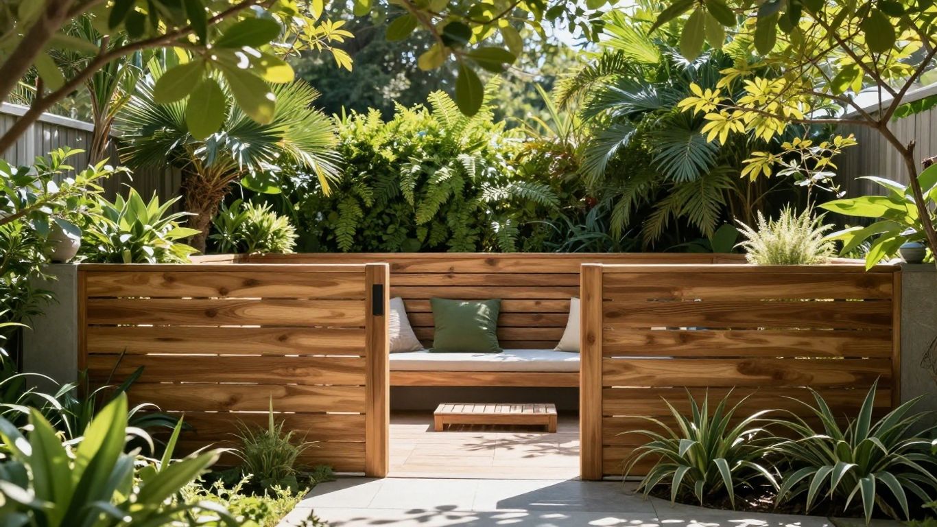 Moderner Gartensichtschutz mit Holzlamellen und Pflanzen.