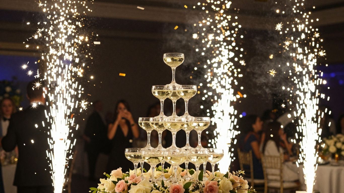 Elegant event decor with flowers, lights, and champagne.