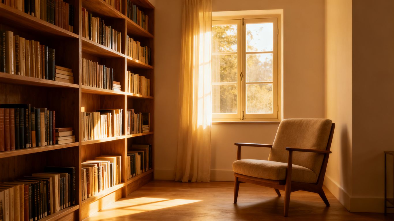Bookshelves organized, calm room, peaceful atmosphere.
