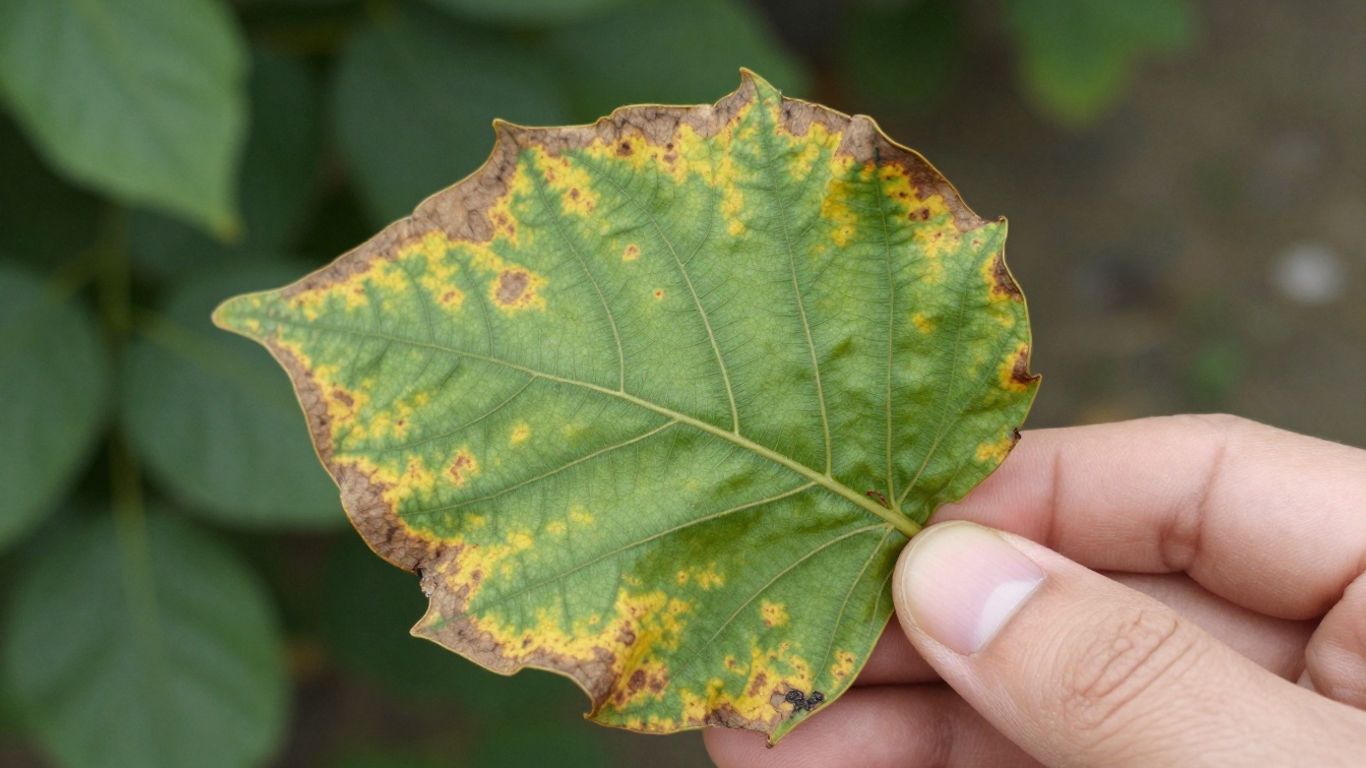 Welkes Blatt in menschlicher Hand, Zeichen von Nährstoffmangel