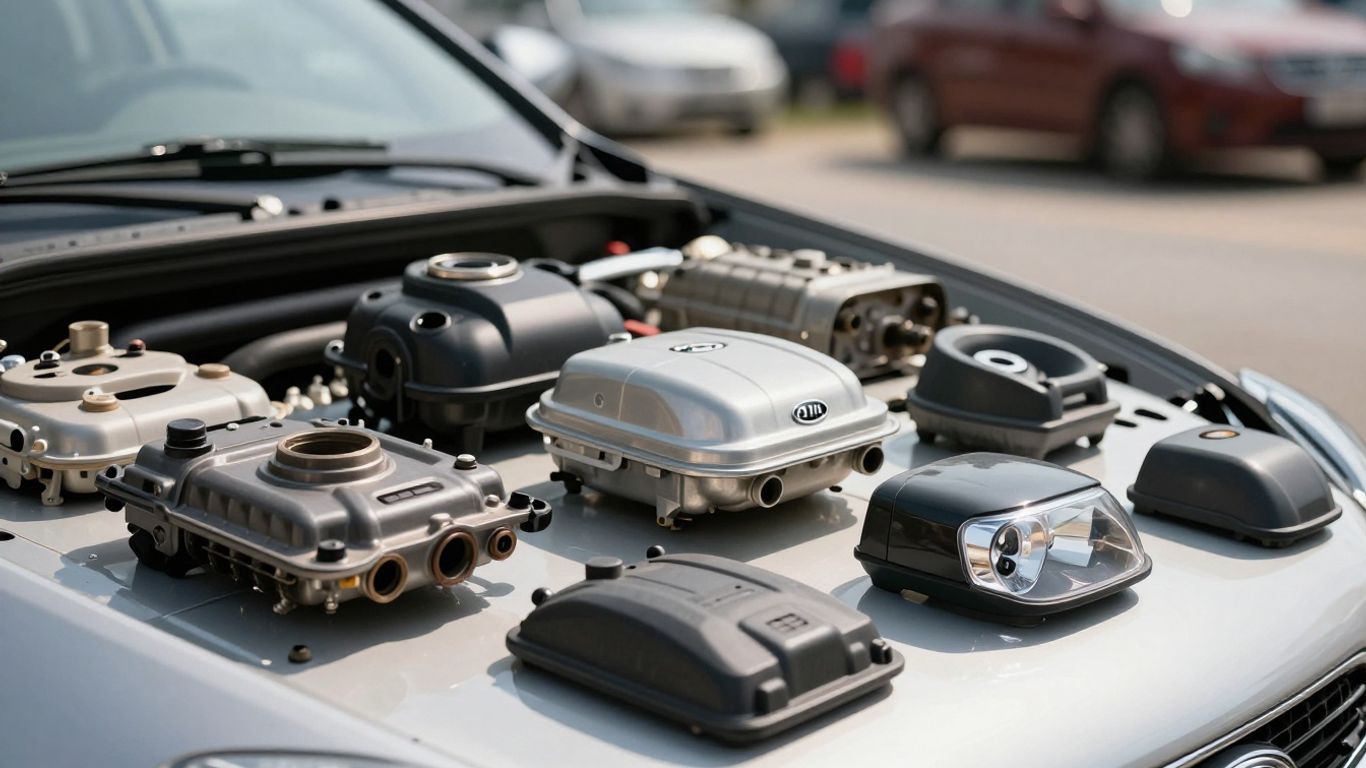 Various used Kia car parts displayed outdoors.