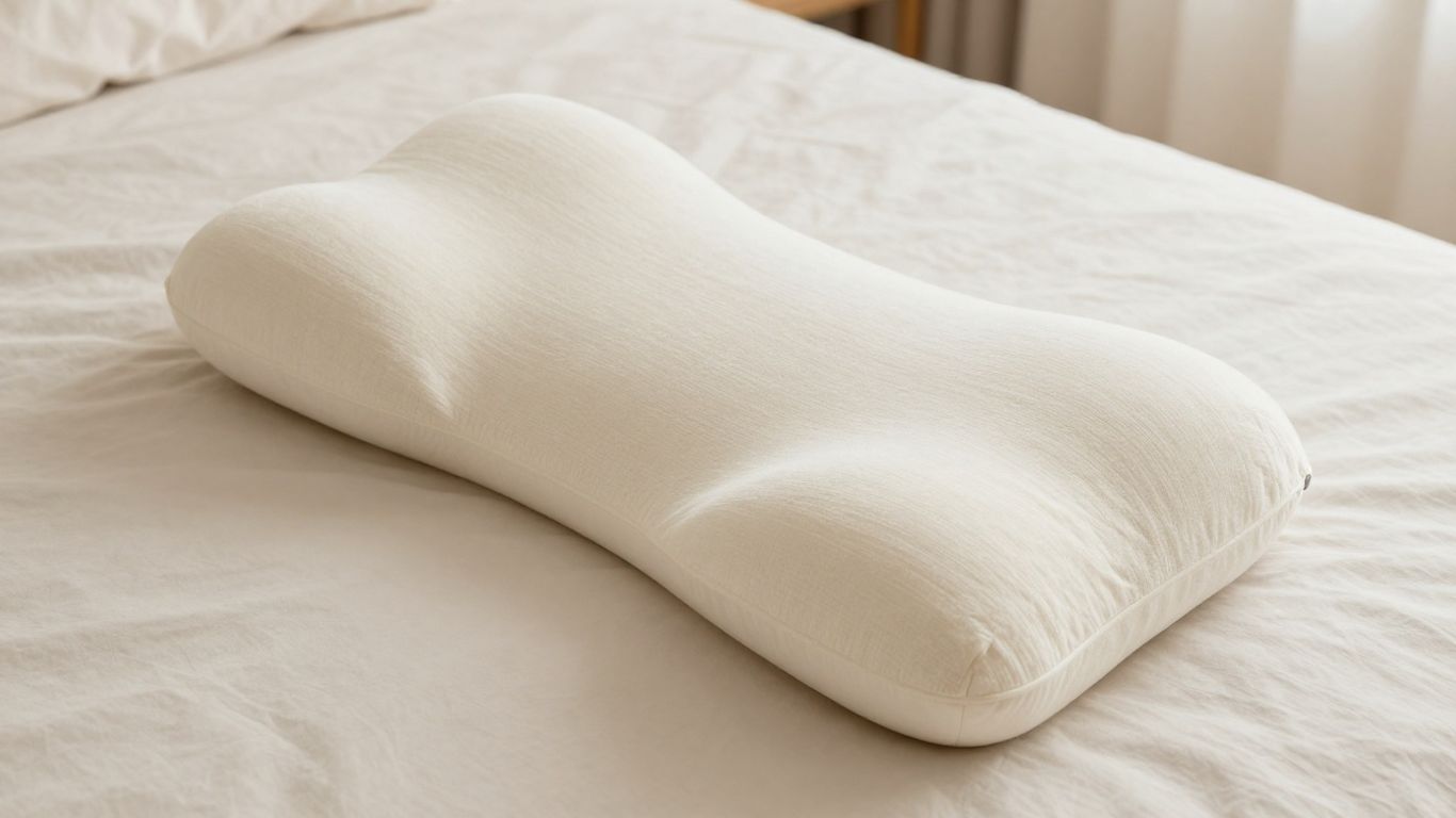 Contoured cervical pillow for neck pain relief.