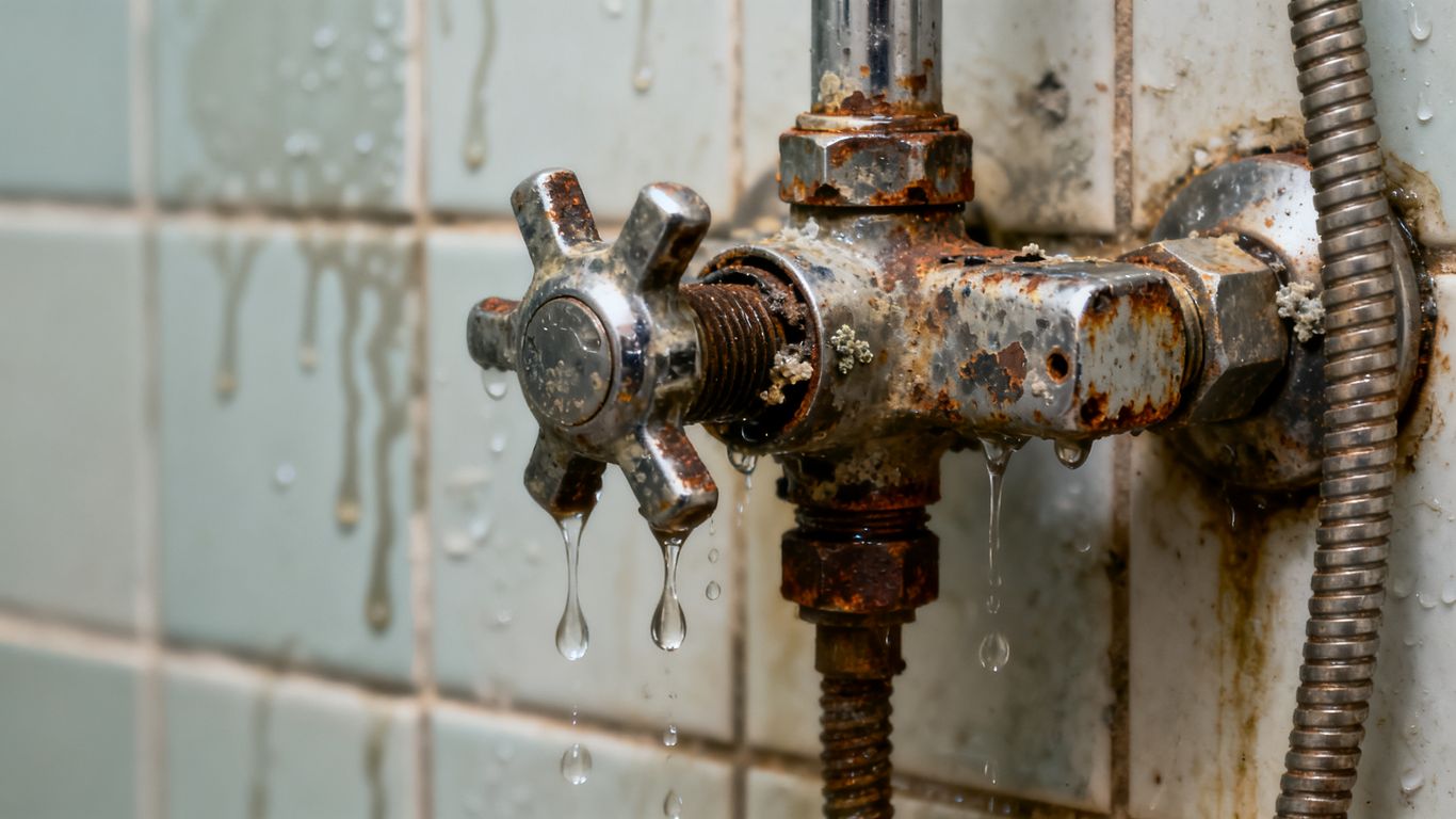 Leaking shower valve with visible corrosion and water stains.