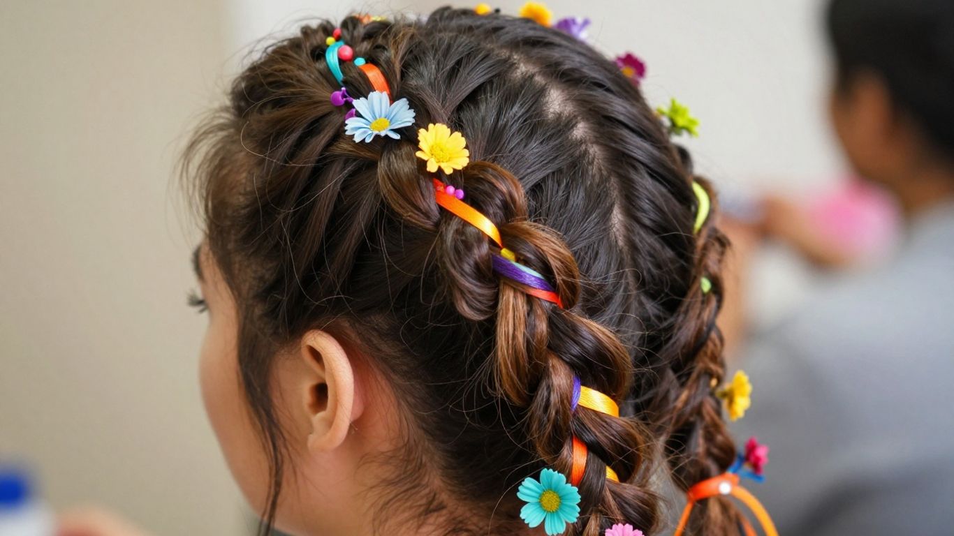Woman with festive braided hairstyle and colorful ribbons.