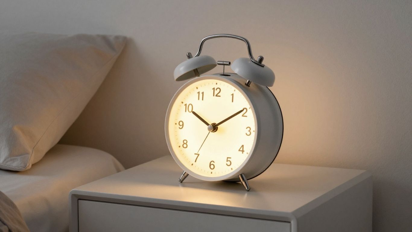 Ein moderner Lichtwecker auf einem kleinen Nachttisch