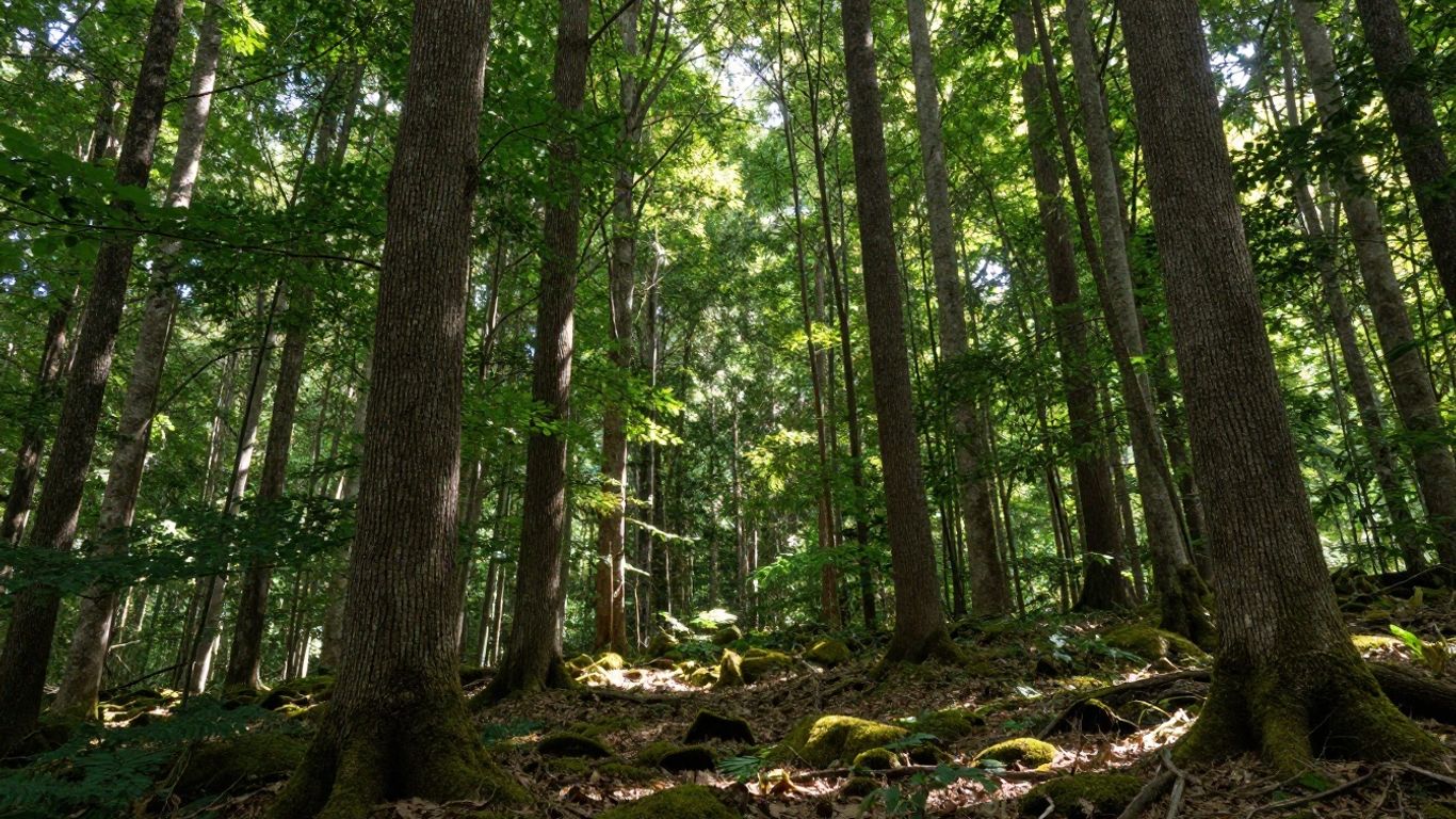 Sonnendurchfluteter Wald mit hohen Bäumen und Moos