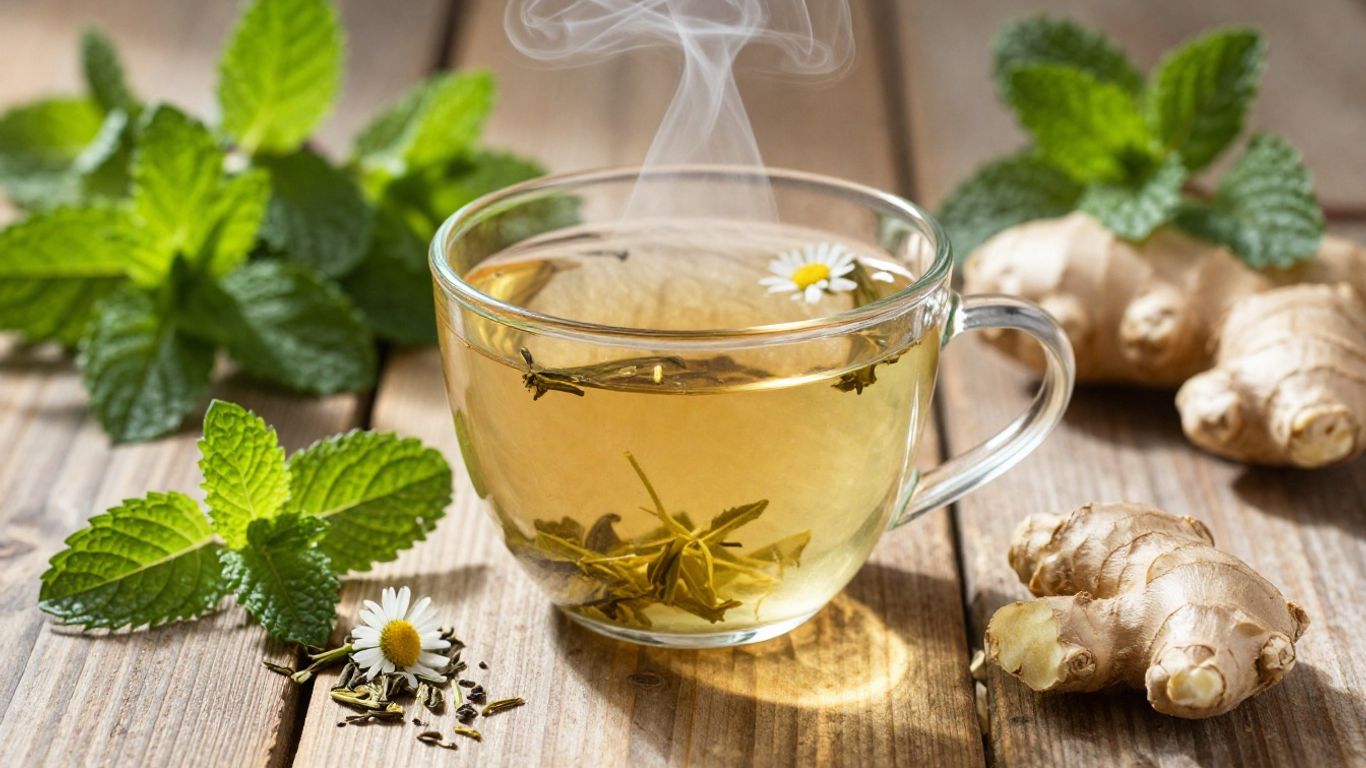 Herbal tea with fresh herbs and sunlight.