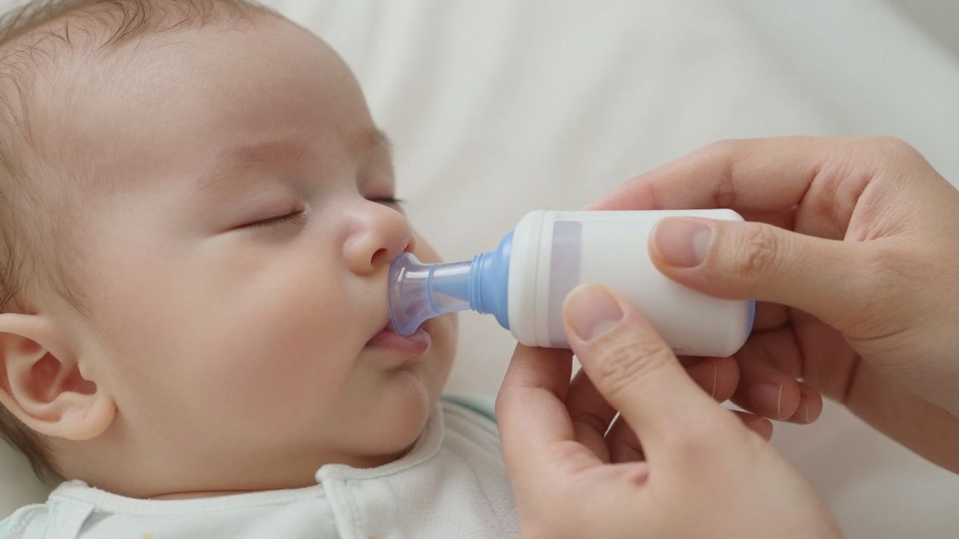 Padre usando aspirador nasal en bebé dormido.
