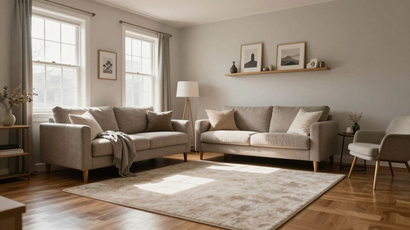 Sparkling clean living room with sunlight and neat furniture.