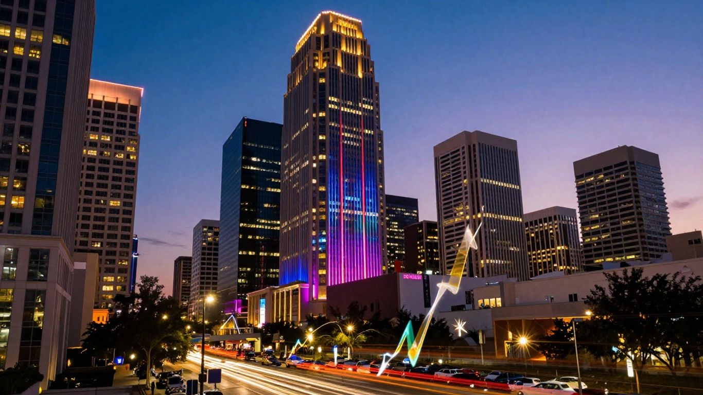 Orlando cityscape with glowing lights and abstract growth streaks.