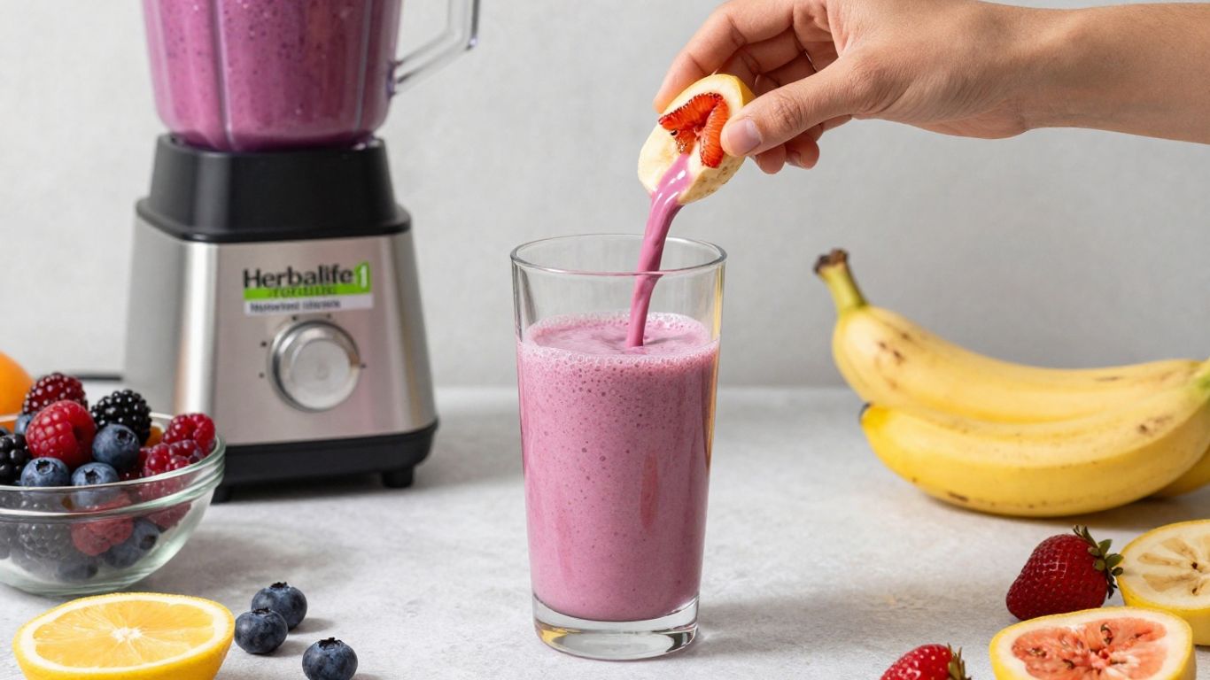 Herbalife Formula 1 shake preparation with fruits.