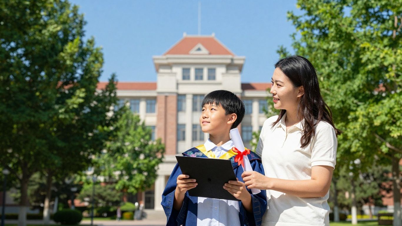 Padres e hijos mirando un campus universitario con un diploma.