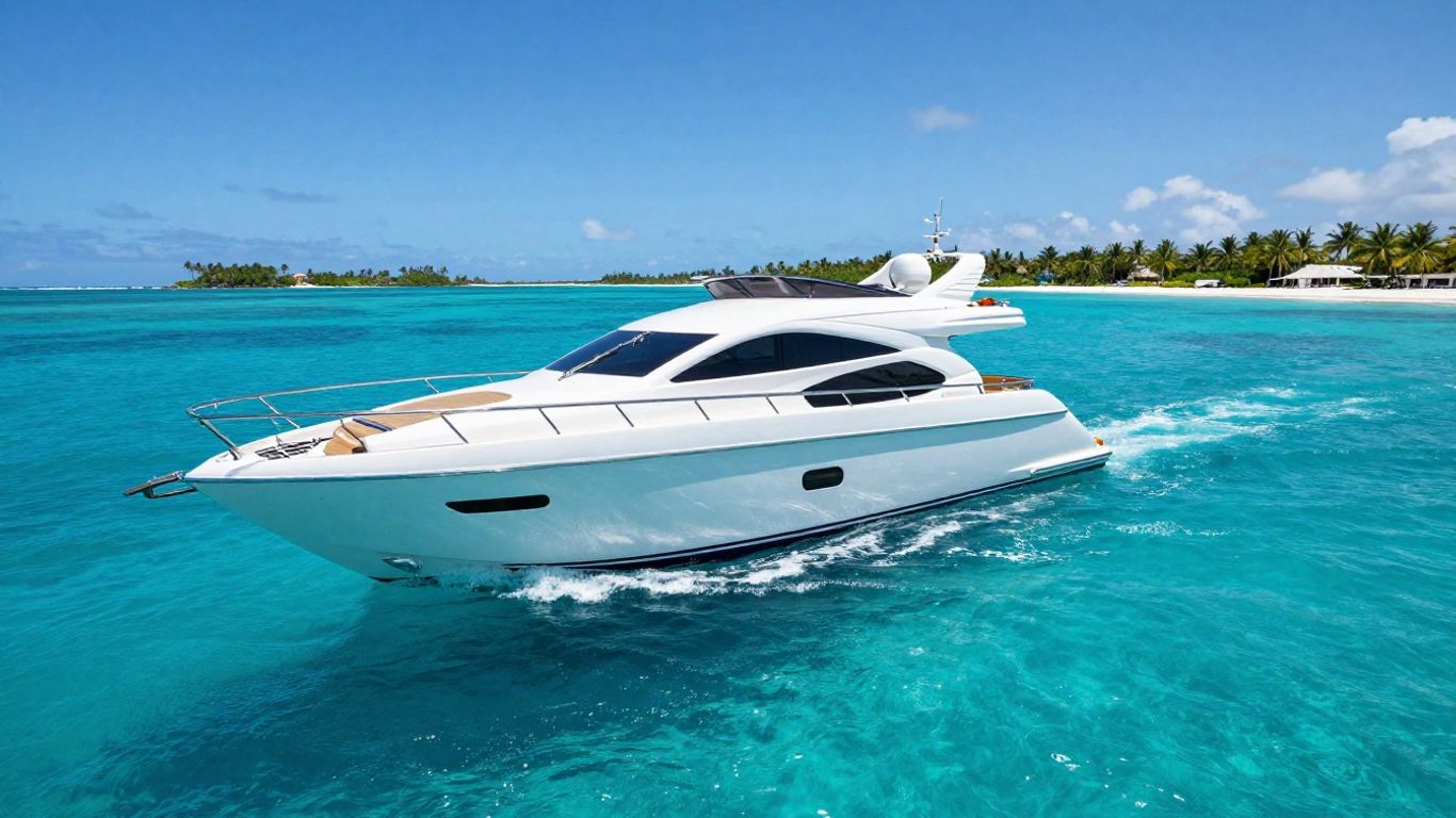 Luxury yacht sailing in clear turquoise Bahamian waters.