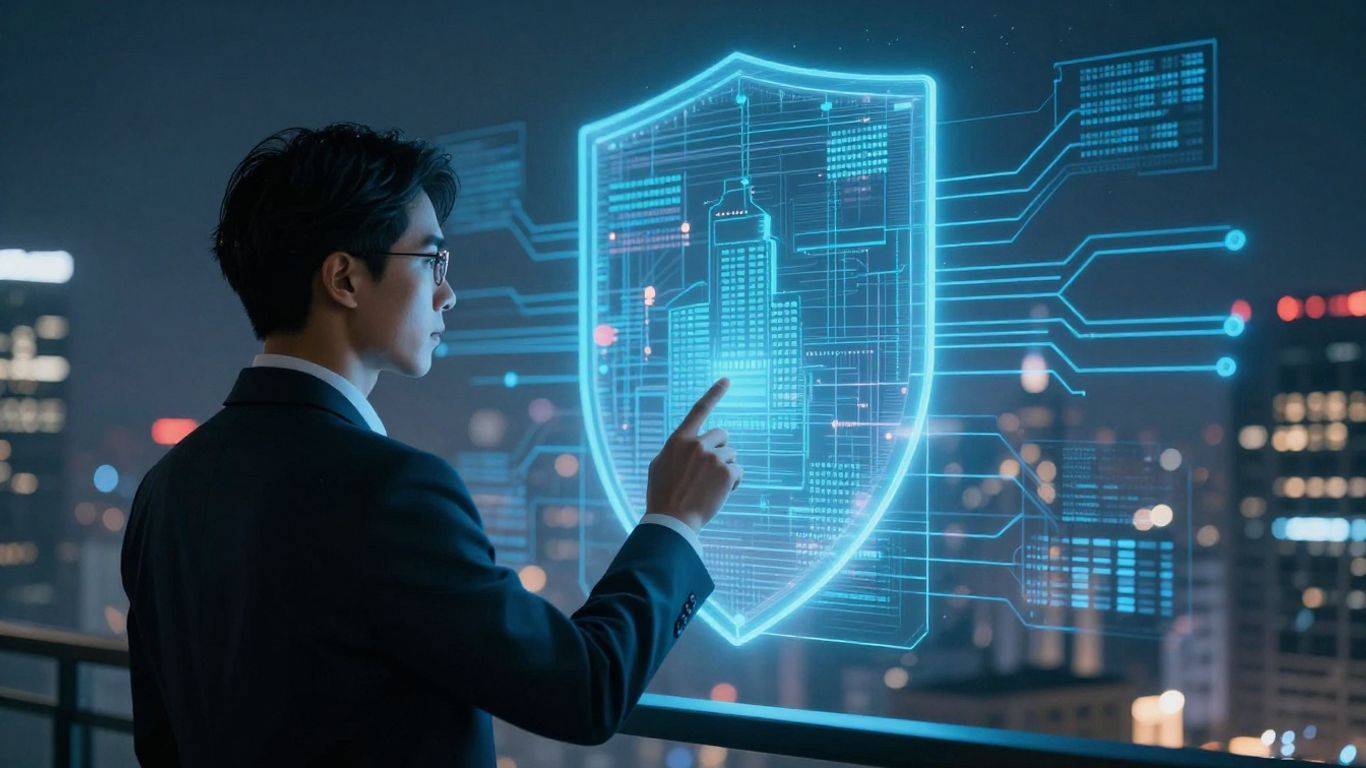 Digital shield protecting city from cyber threats.