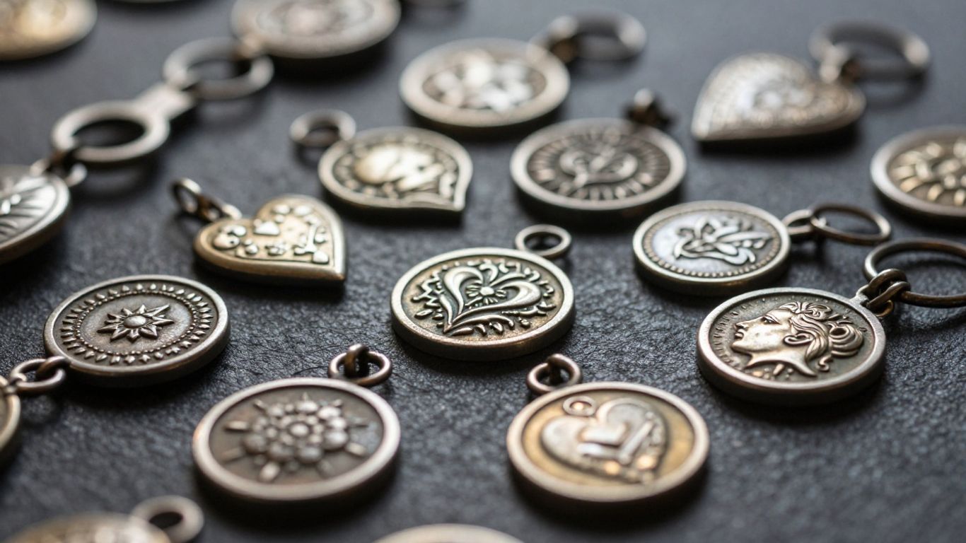 Antique love tokens with intricate engravings on a dark surface.