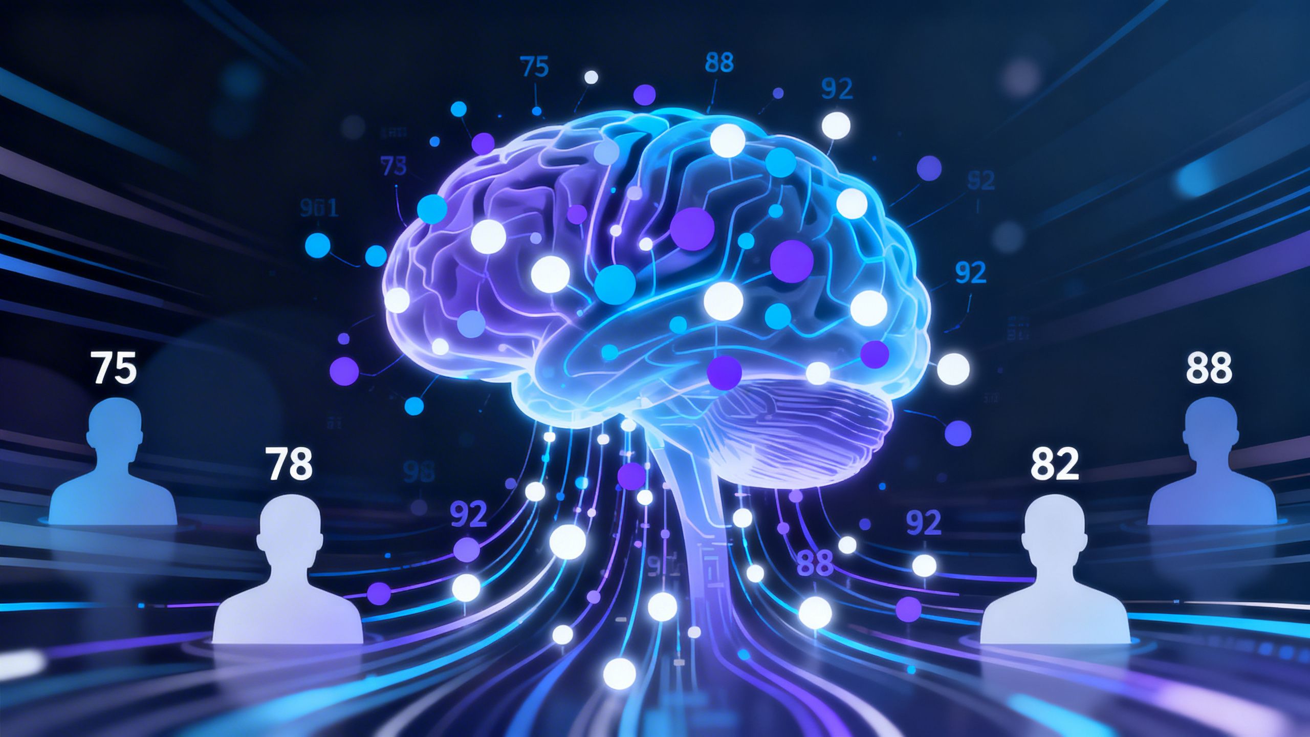 An abstract illustration of an AI brain processing data points and assigning scores to different leads, representing AI-powered lead scoring.
