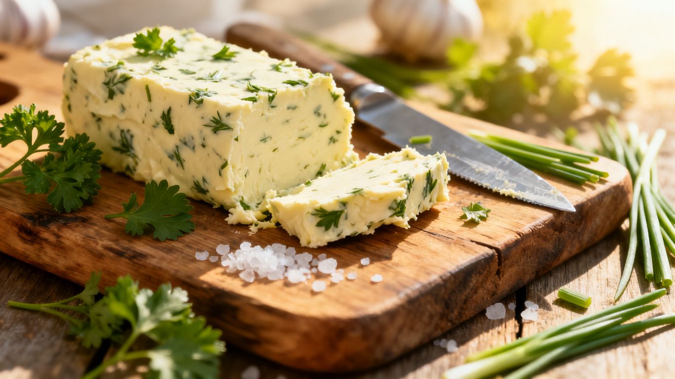 Frische Kräuterbutter auf einem rustikalen Holzbrett serviert