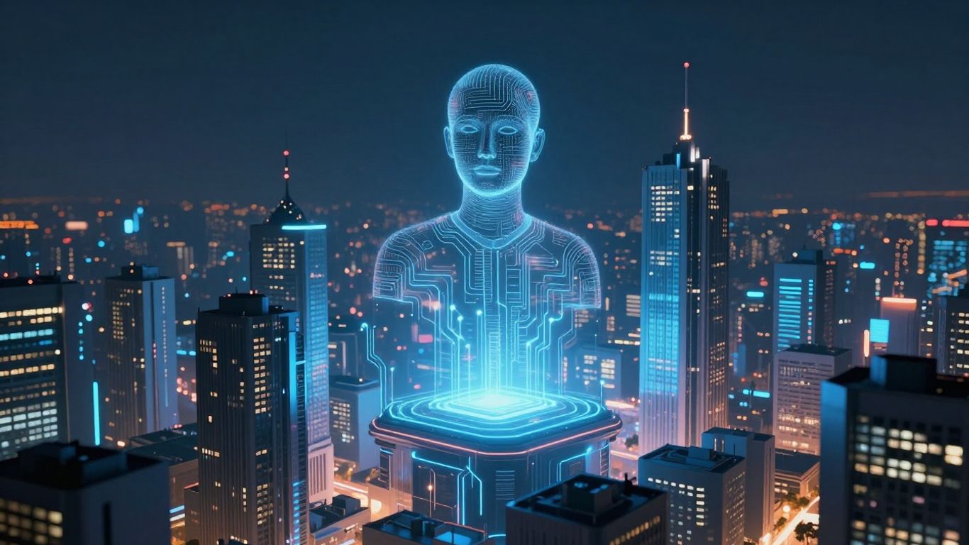 AI integrated into futuristic cityscape for back office processing.