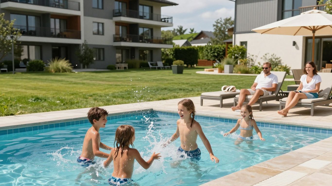 Familie geniet van zwembad bij Hof van Saksen vakantiepark.