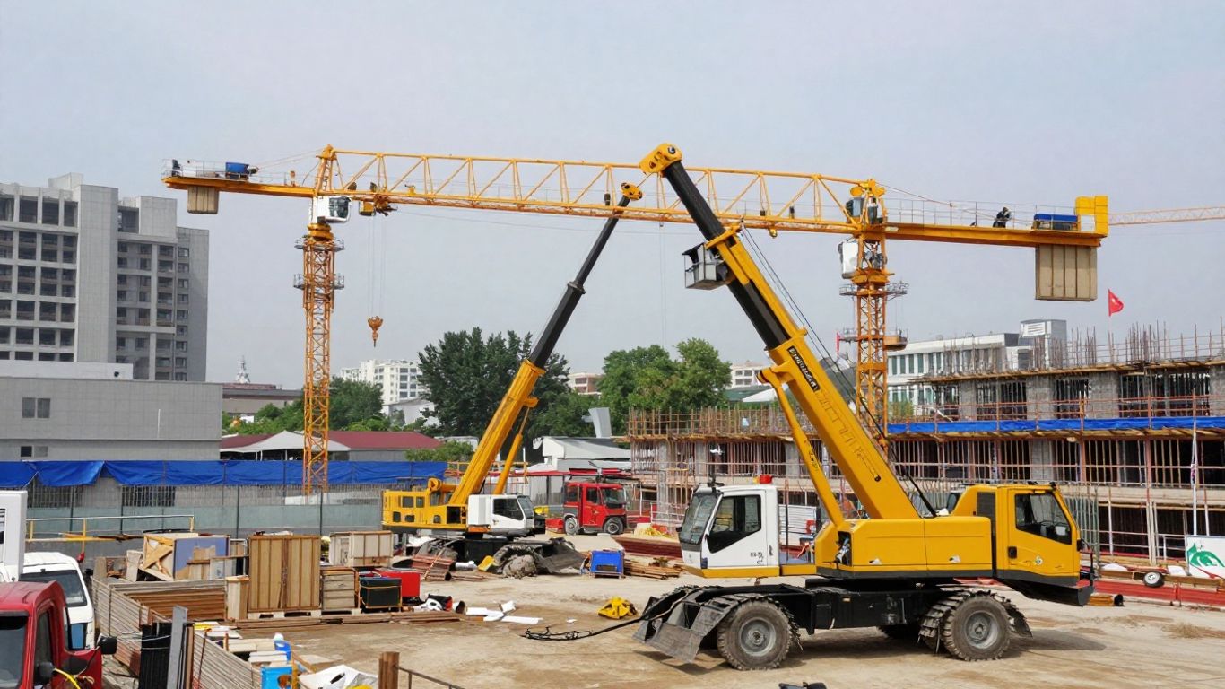 Two mobile cranes overlapping on a construction site.