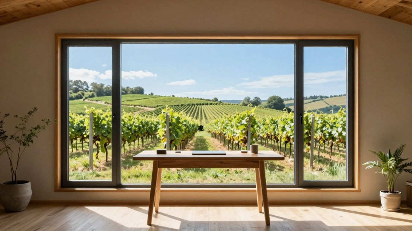 A cozy cottage workspace overlooking a sunny wine estate.