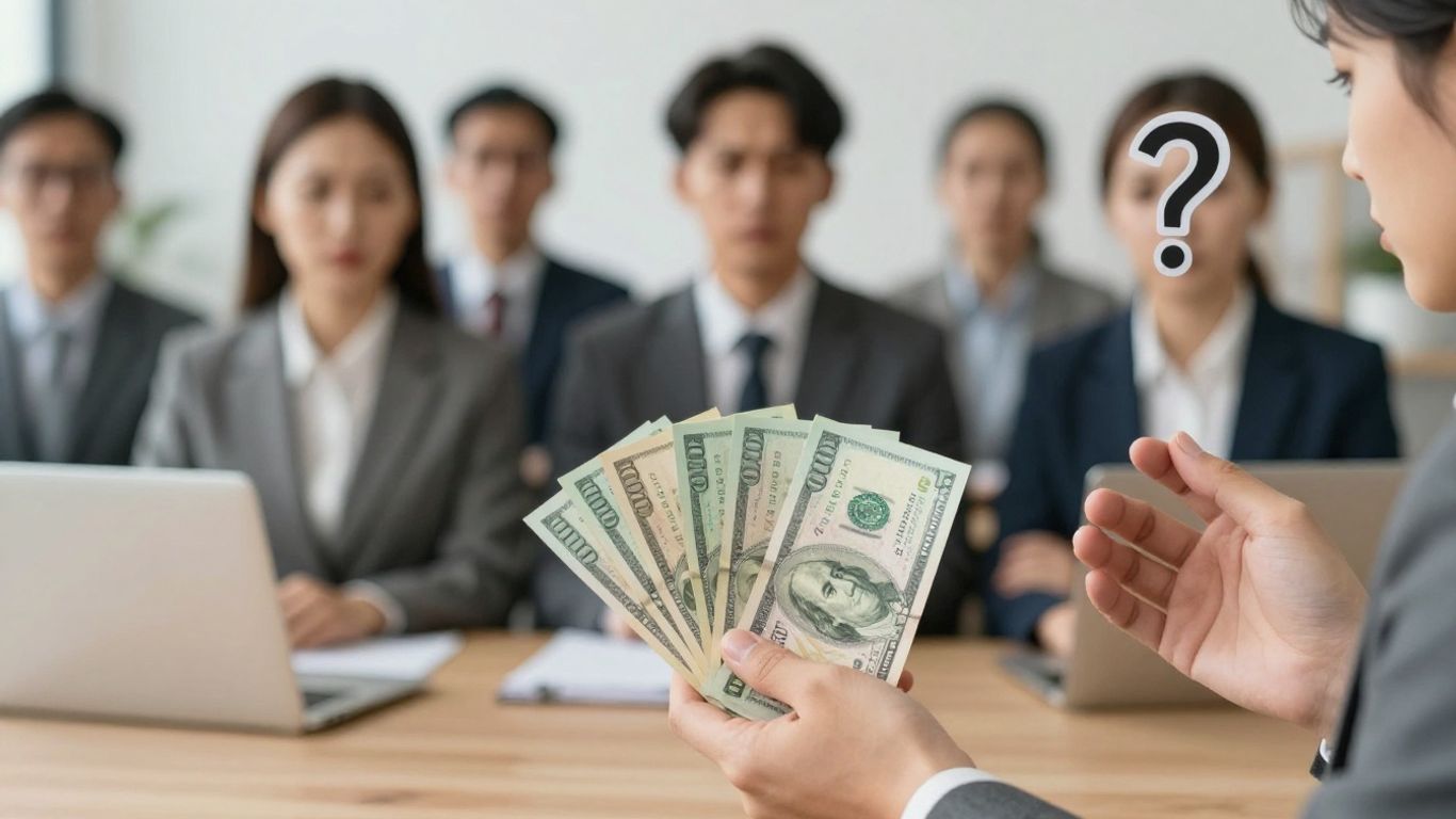 Dinero y signo de interrogación sobre personas.
