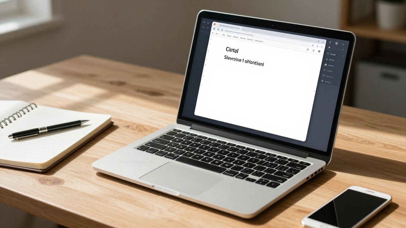 Notion interface on a laptop in a bright, organized workspace.