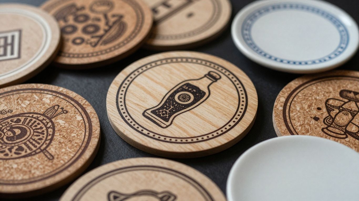 Custom beer coasters with unique designs and patterns.