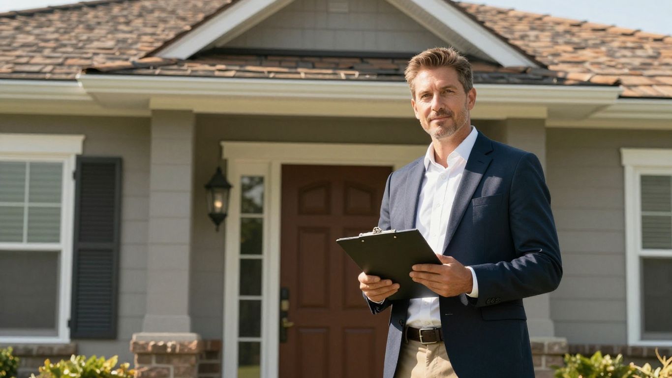 Roofing contractor at a front door with clipboard.