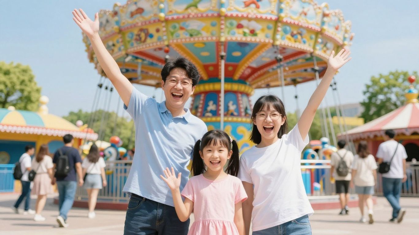 Family enjoying a day at Plopsaland amusement park.