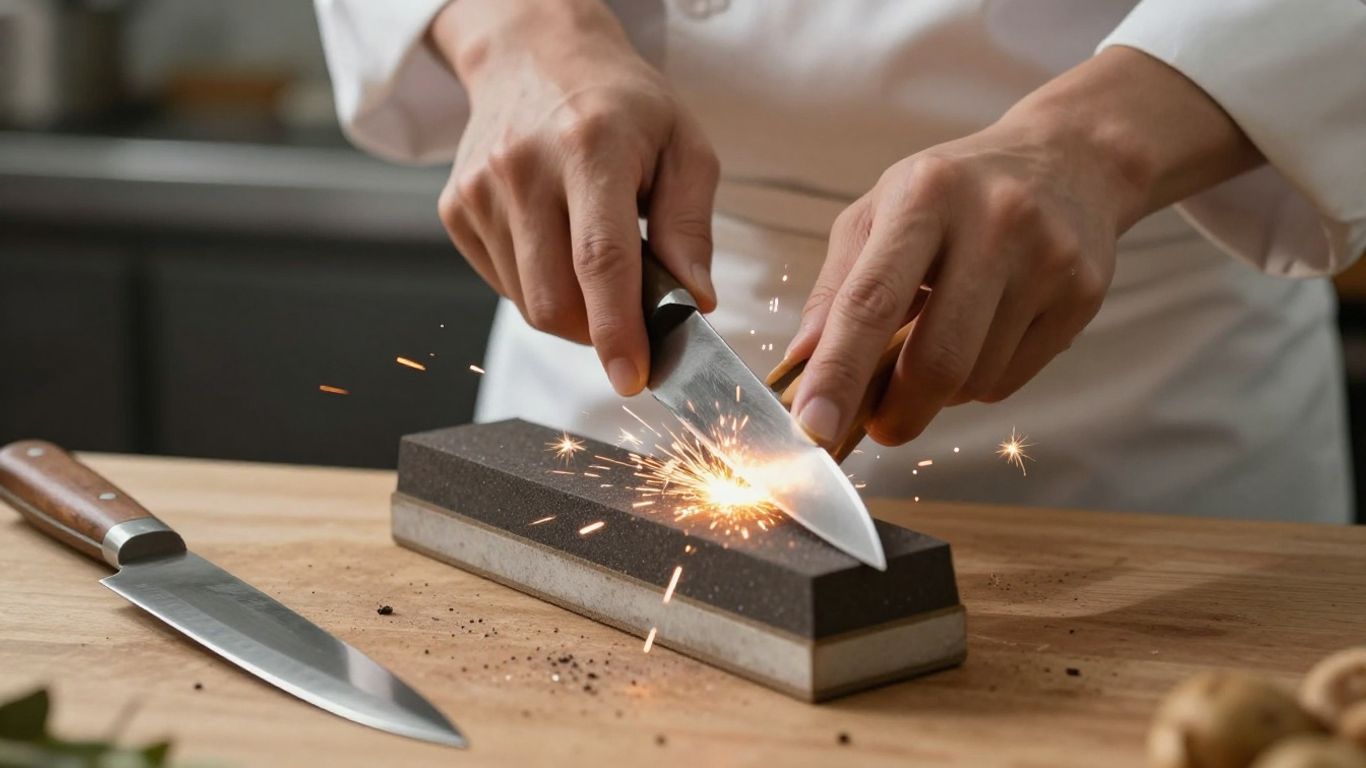 Chef sharpening a knife on a whetstone.