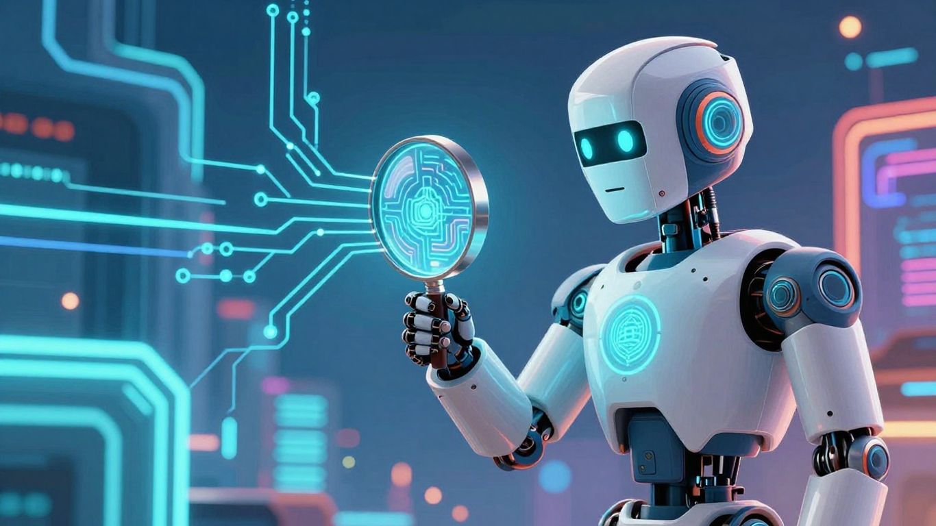 Robot testing AI with magnifying glass in digital world.