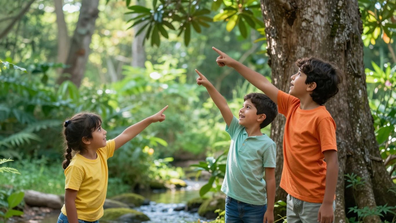 Kinderen verkennen een avontuurlijk bos met veel plezier.