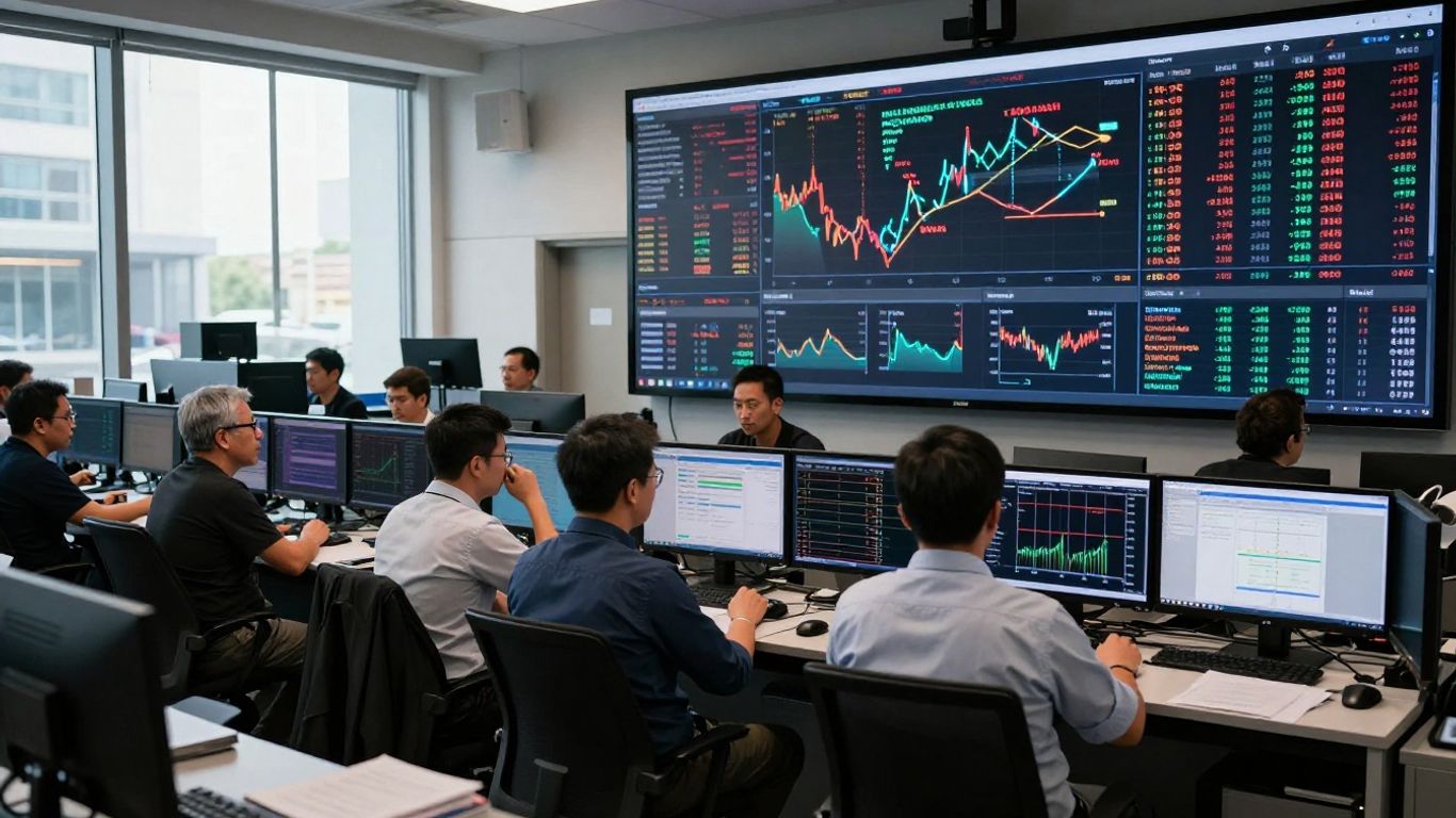 Traders reacting to financial news on a busy trading floor.