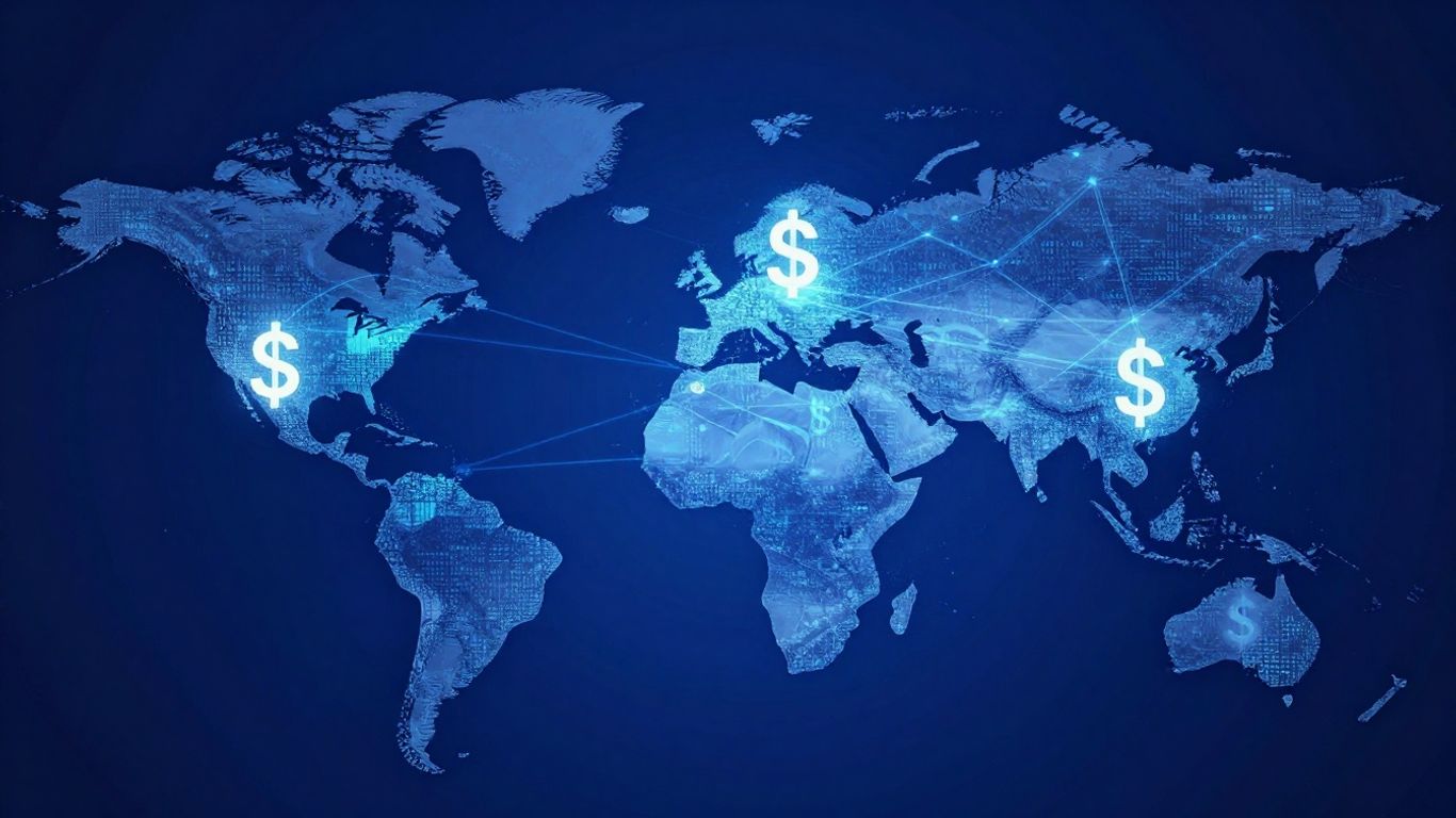 European flag and digital currency symbols connected by a network.