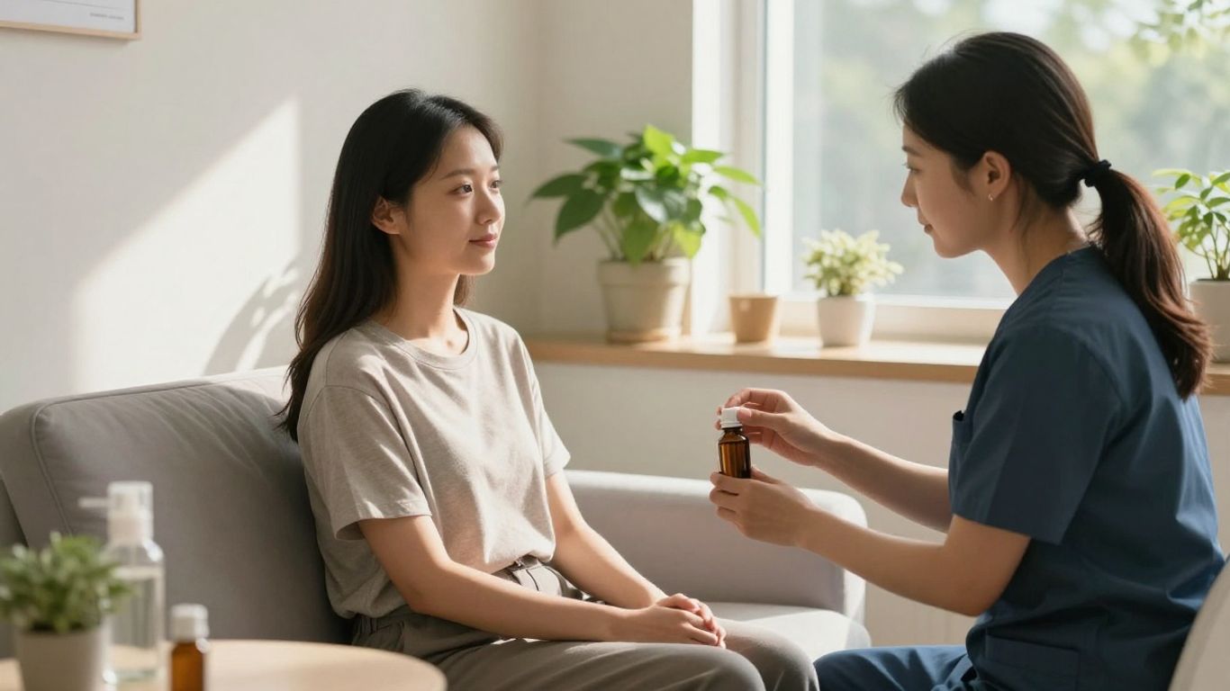 Homeopathy clinic interior with patient and practitioner.