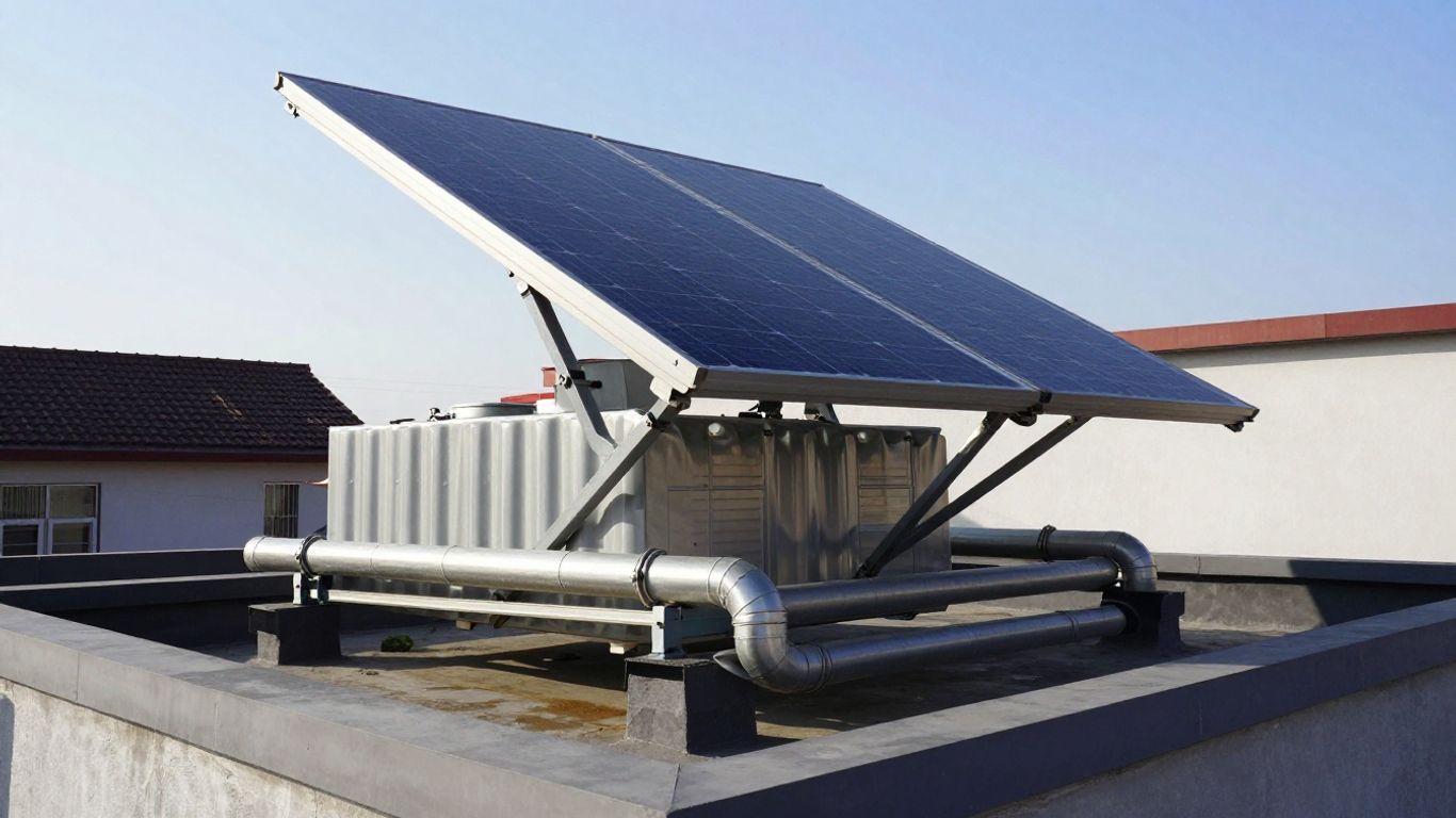 Panneaux solaires thermiques sur un toit avec des tuyaux.
