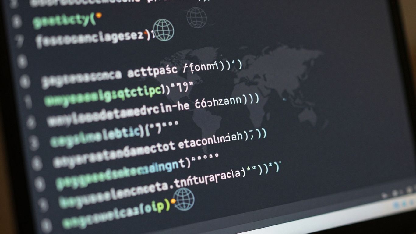 Code sur un écran avec des icônes de globe