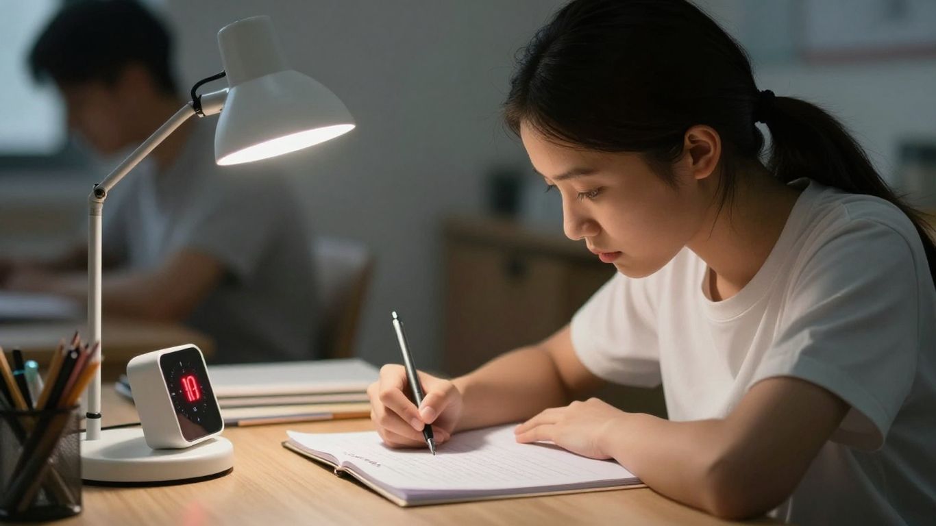 Medical student using Pomodoro timer for focused study.