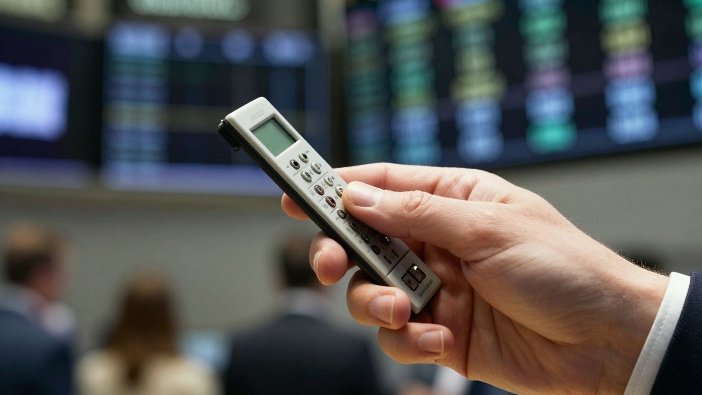 Hand holding stock ticker at stock exchange