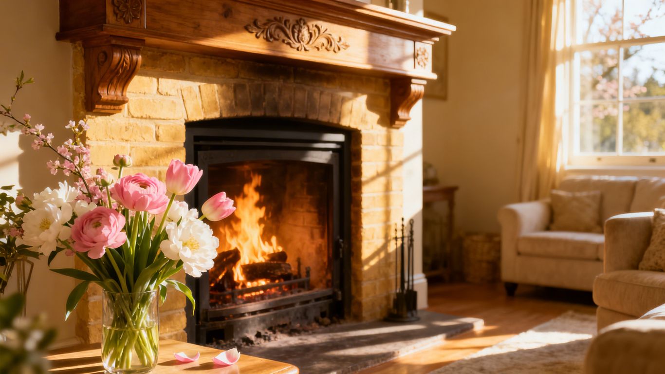 Cozy fireplace in a sunlit living room with spring flowers.