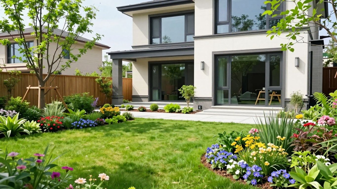 Contractor's spring project portfolio with blooming garden.
