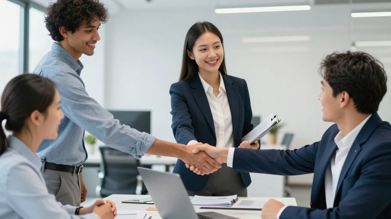 Internationale Fachkräfte schütteln sich die Hände im Büro.