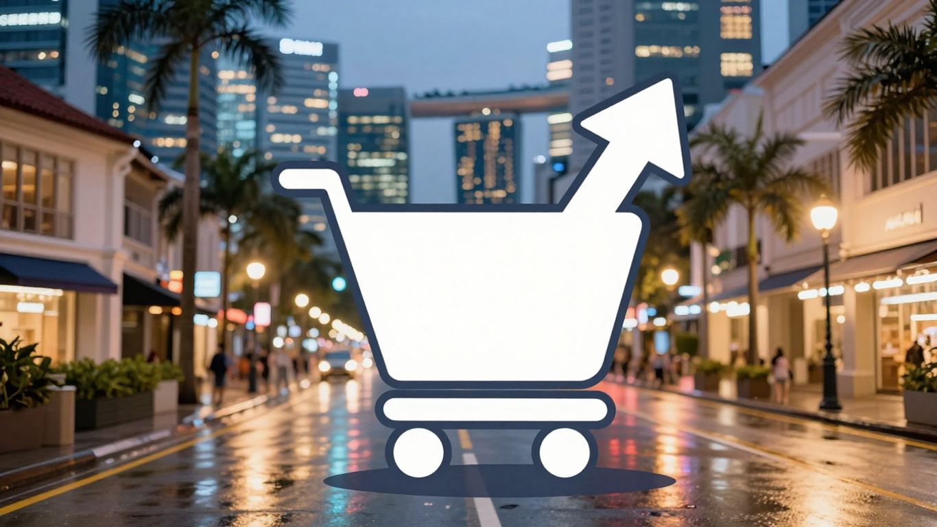 Singapore cityscape with abstract shopping cart icon.