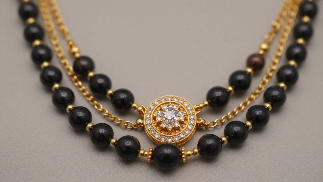Elegant traditional mangalsutra with gold, diamonds, and black beads.
