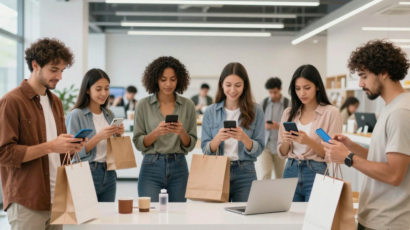Oameni interacționând cu produse și servicii în diverse contexte.